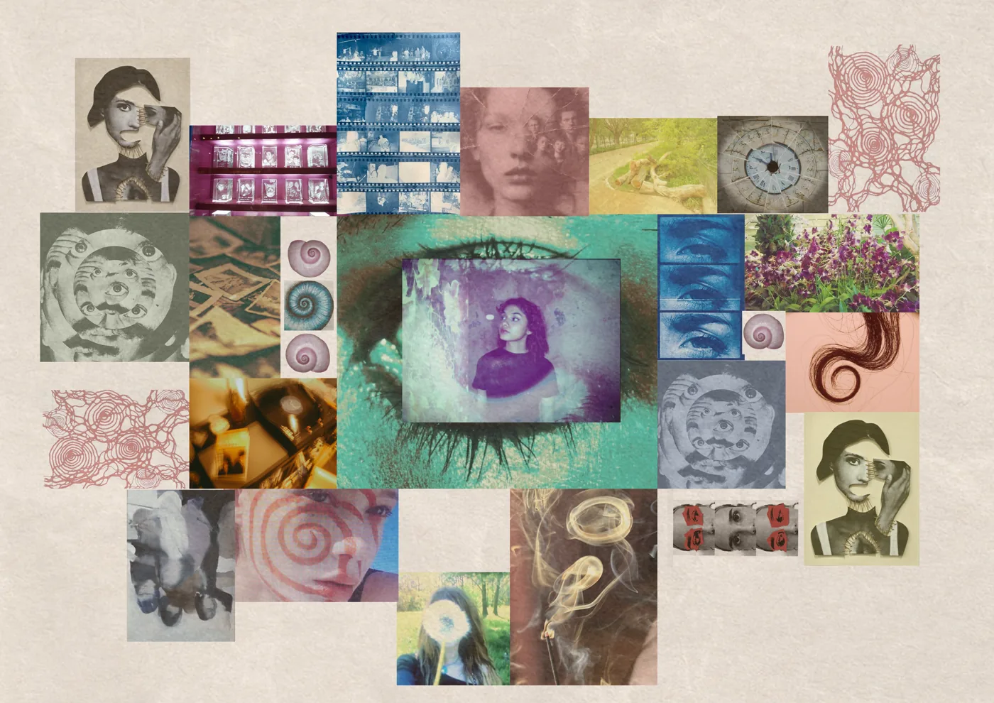 Mood board collage of photographs, spirals, eyes and textures arranged symmetrically around a central portrait.
