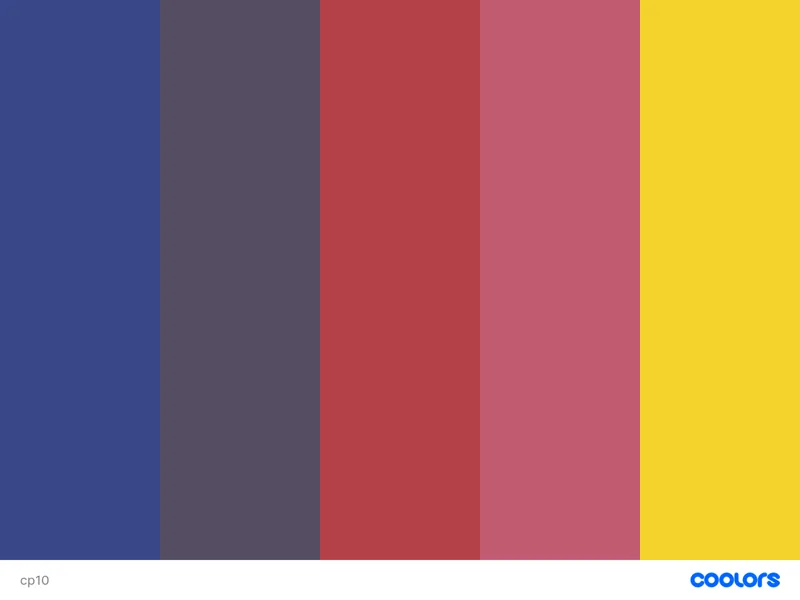 Colour palette of five vertical bands: deep blue, plum, red, pink and yellow.