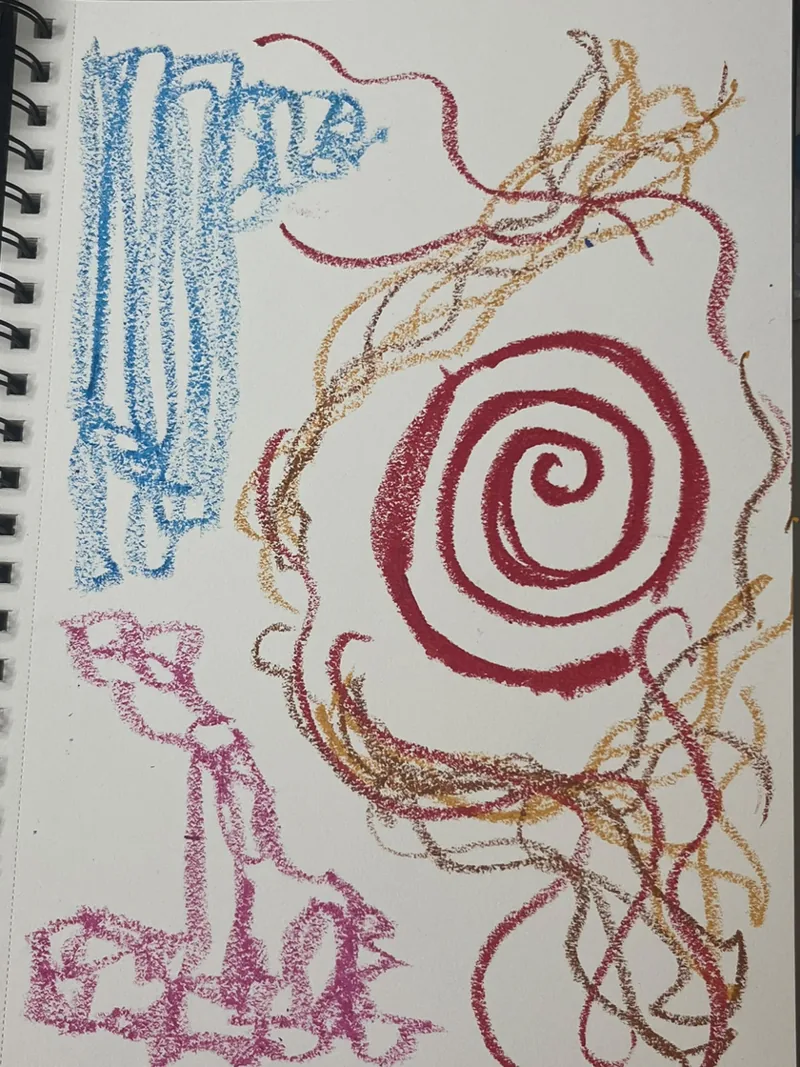 Final spiral study on sketchbook paper: a crimson spiral with loose blue, pink and gold lines around it.