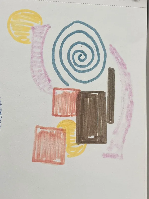 Pastel study with a blue spiral, pink and brown blocks and a yellow circle.