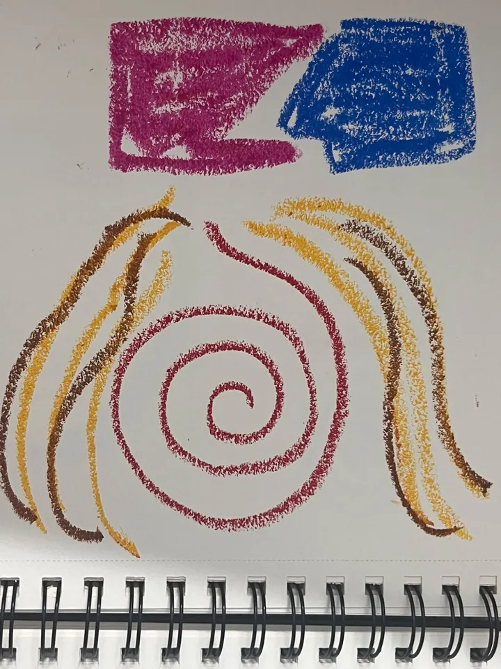 Pastel study with a magenta spiral, blue and yellow blocks and brown lines.