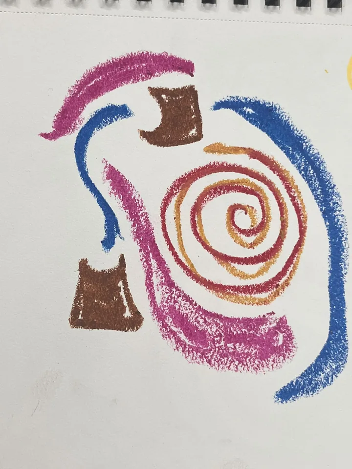 Oil pastel study on white paper: a loose crimson spiral surrounded by blue, magenta and brown marks.