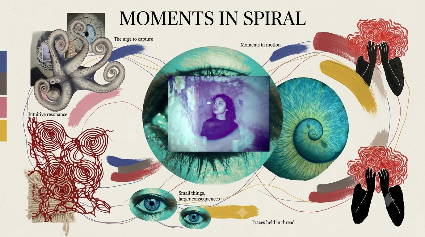 Theme board titled Moments in Spiral: a large eye at the centre, surrounded by red thread spirals, blue swatches and annotations.